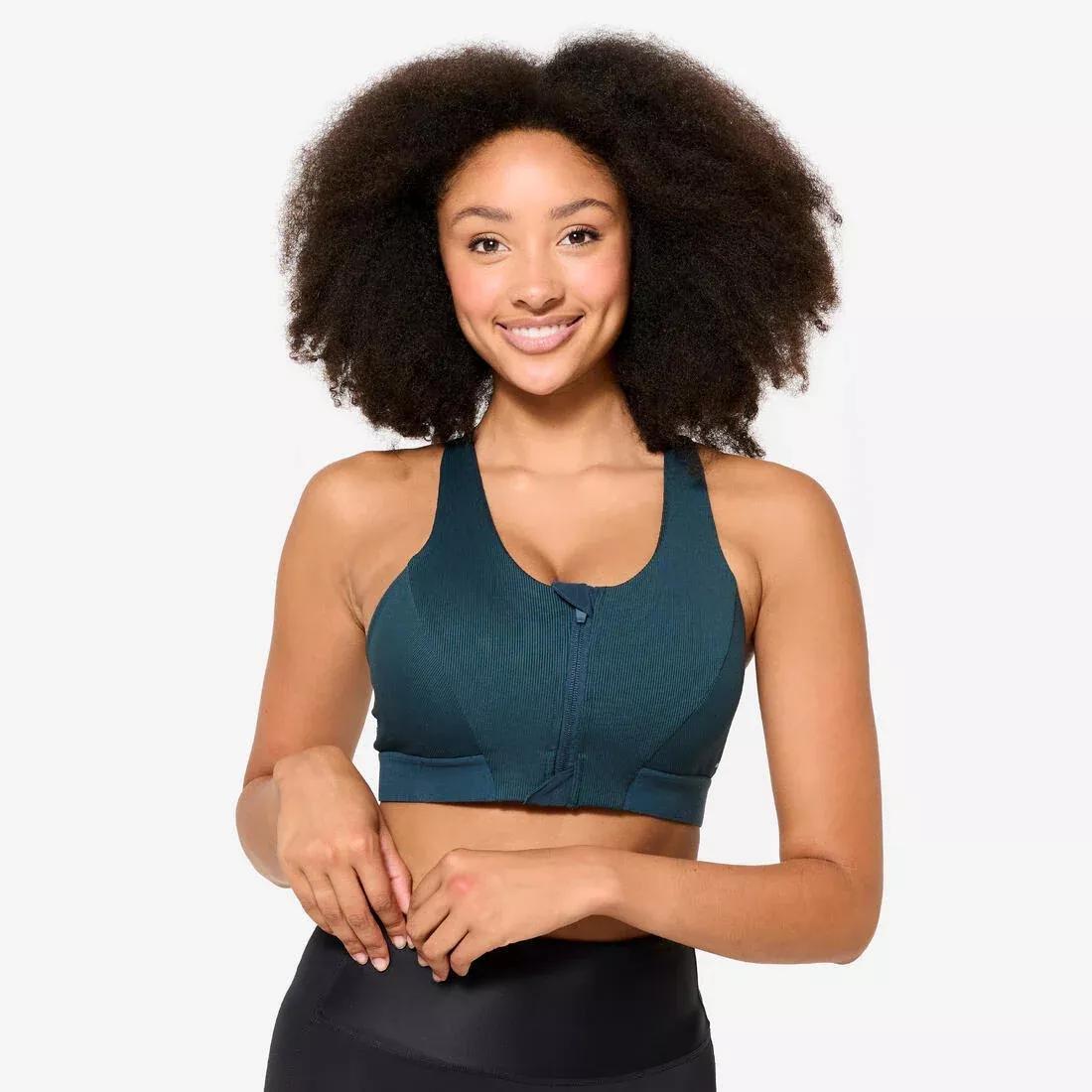Women Medium Support Ribbed Zip-Up Sports Bra, Green, No Color, large image number 0