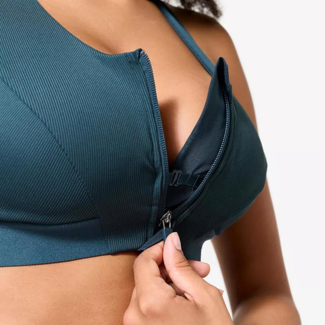 Women Medium Support Ribbed Zip-Up Sports Bra, Green, No Color, large image number 8