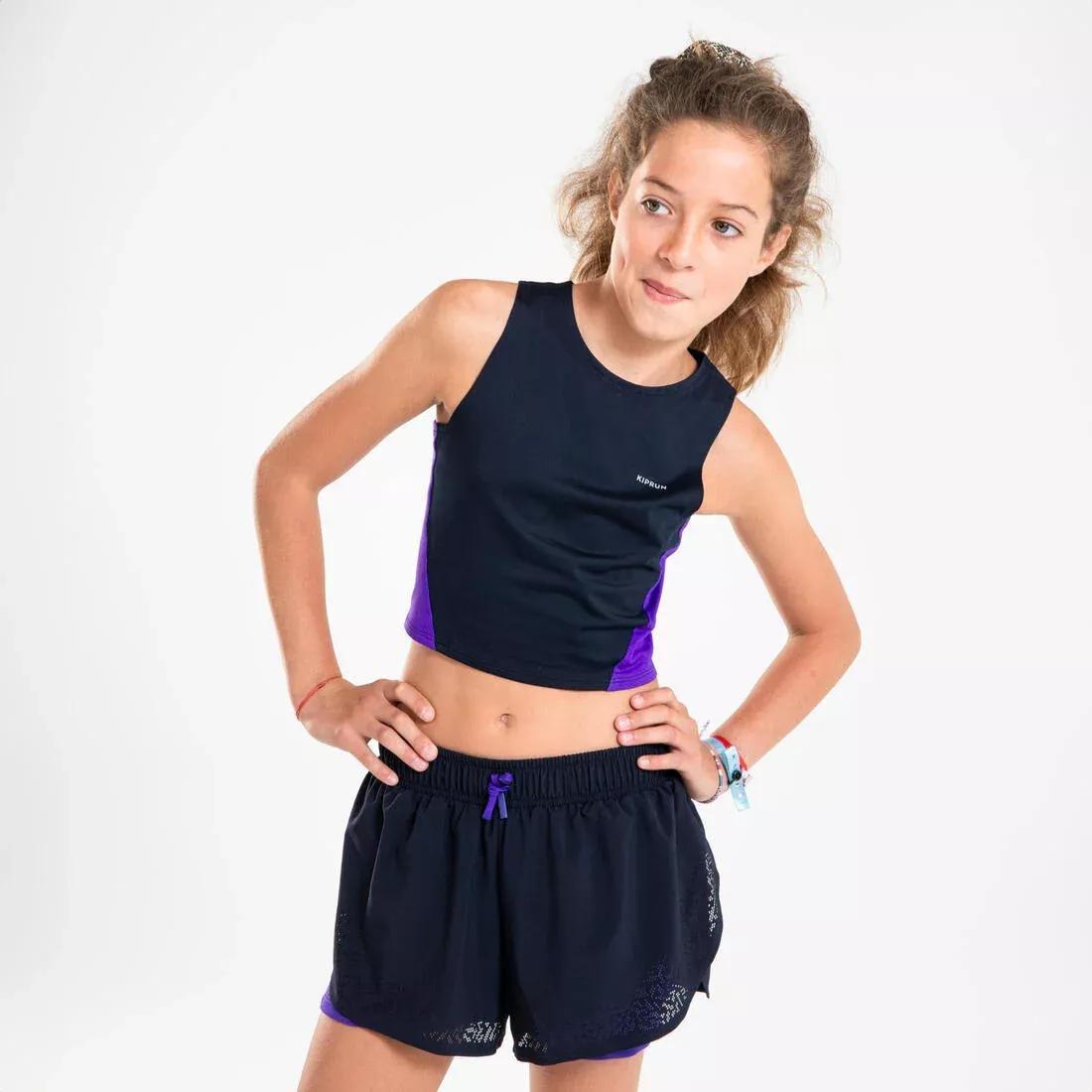 ASPHALT BLUE KIPRUN DRY+ Girls' 2-in-1 Running Tight Shorts, No Color, large image number 6