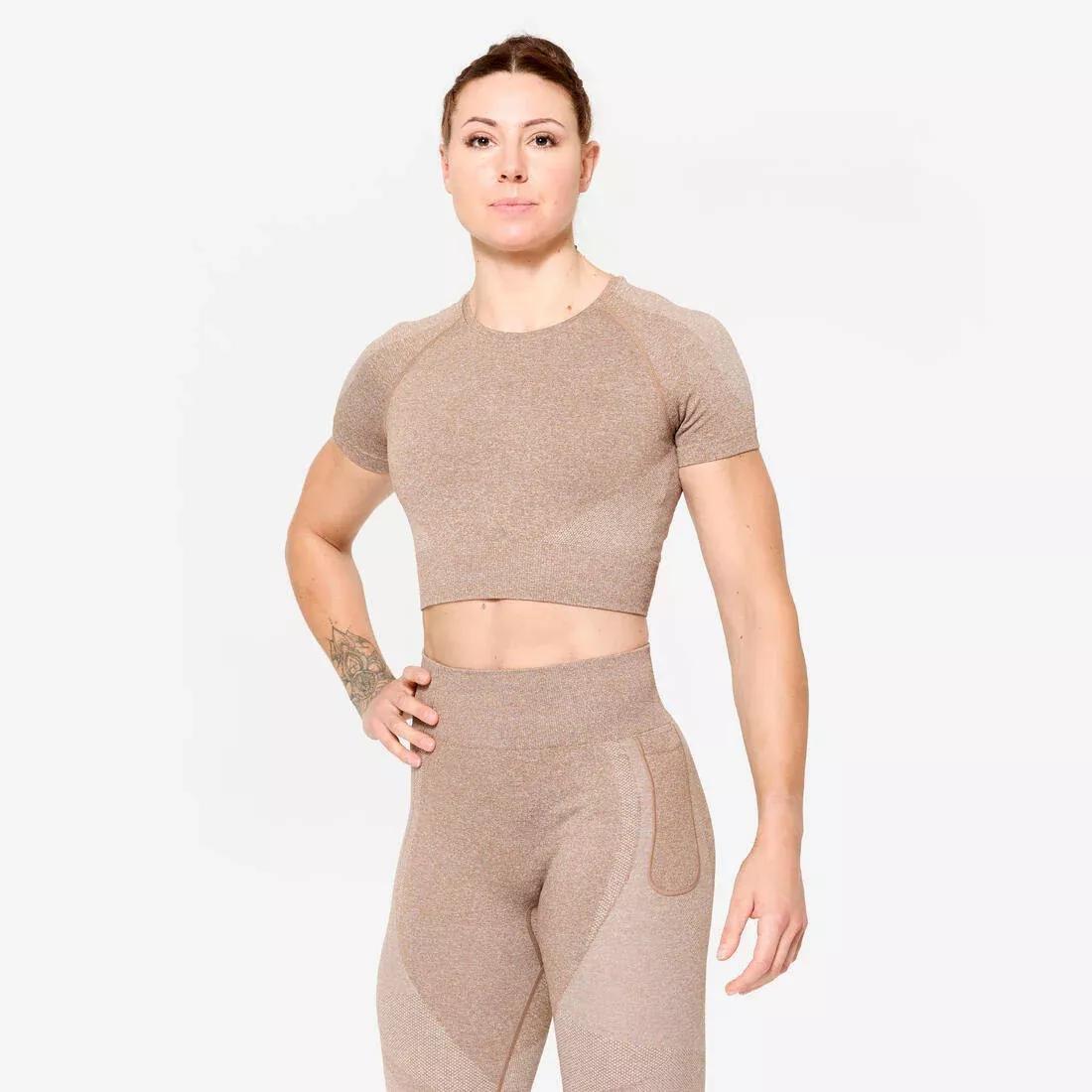 Seamless Short-Sleeved Cropped Fitness T-Shirt, Brown, No Color, large image number 0