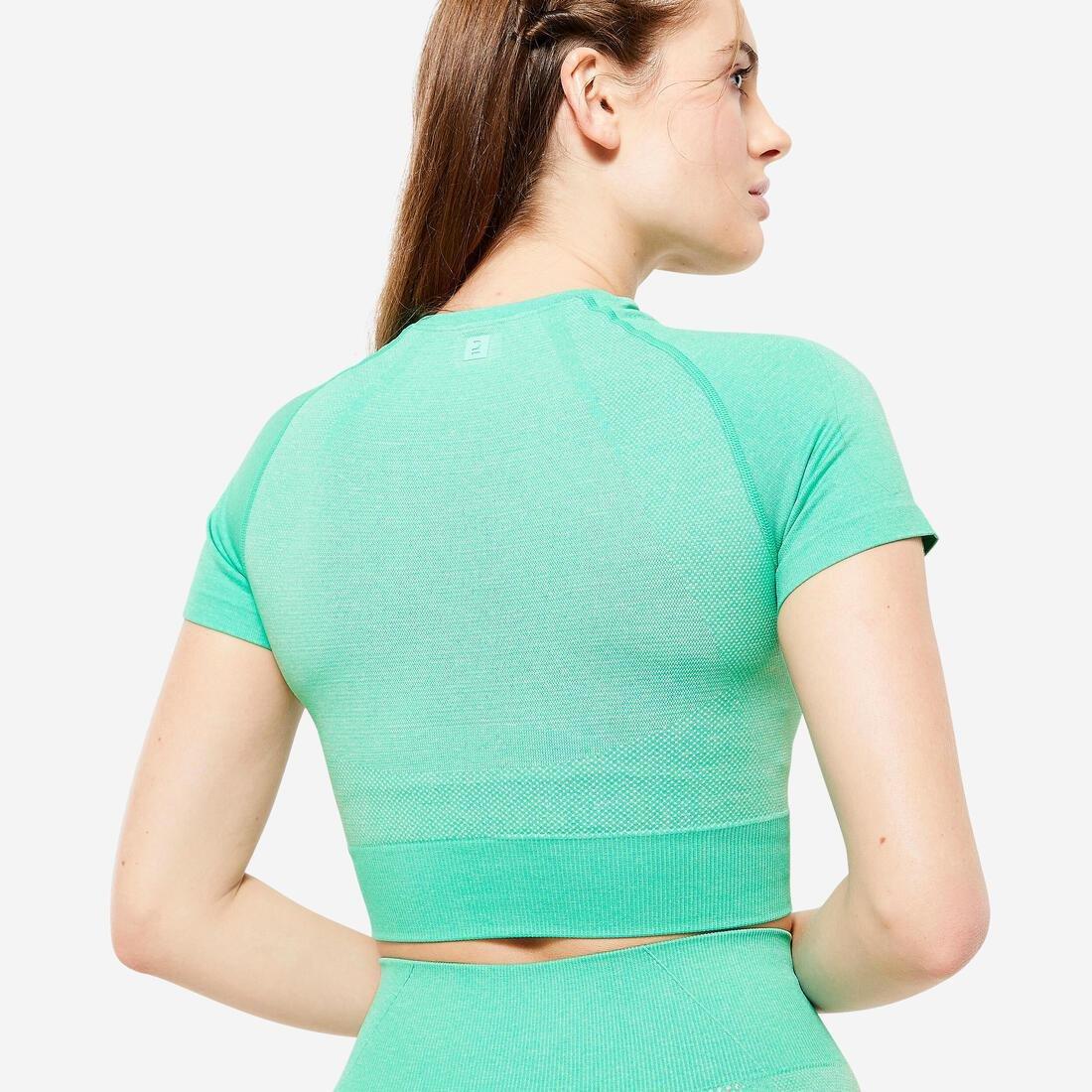 Seamless Short-Sleeved Cropped Fitness T-Shirt, Brown, No Color, large image number 5