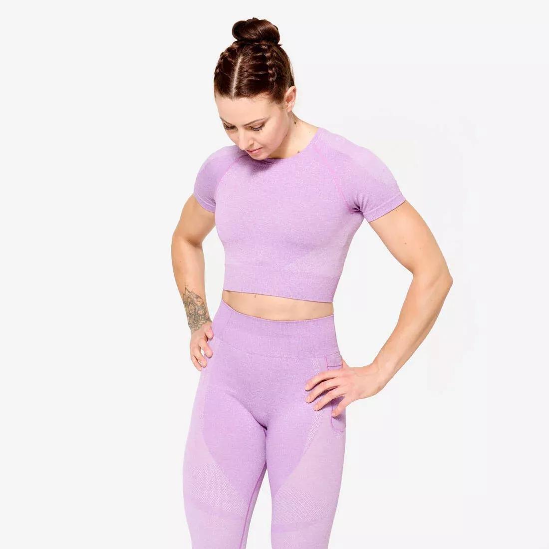 Seamless Short-Sleeved Cropped Fitness T-Shirt, Brown, No Color, large image number 6