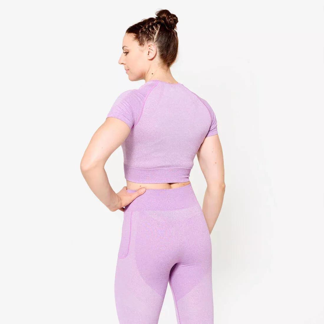 Seamless Short-Sleeved Cropped Fitness T-Shirt, Brown, No Color, large image number 9