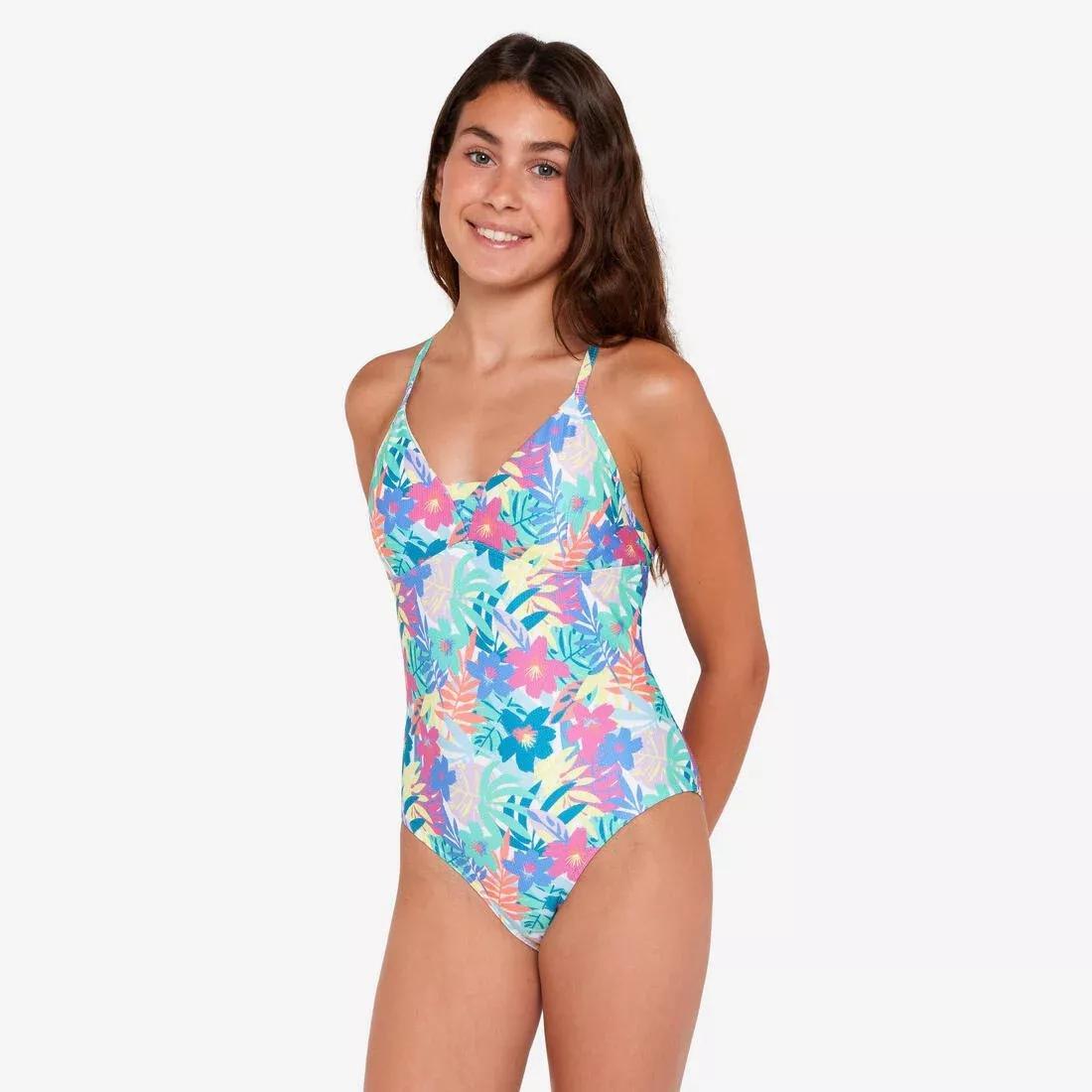 Kids Girls One-Piece Surf Swimsuit With Cross-Over Straps - 500 Caly, Turquoise, 5401_000, medium