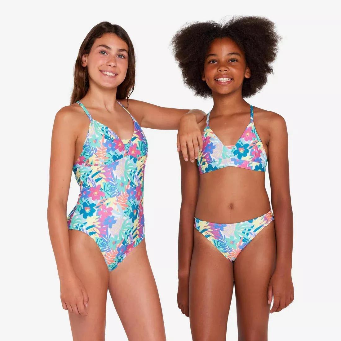 Kids Girls One-Piece Surf Swimsuit With Cross-Over Straps - 500 Caly, Turquoise, 5401_000, large image number 2