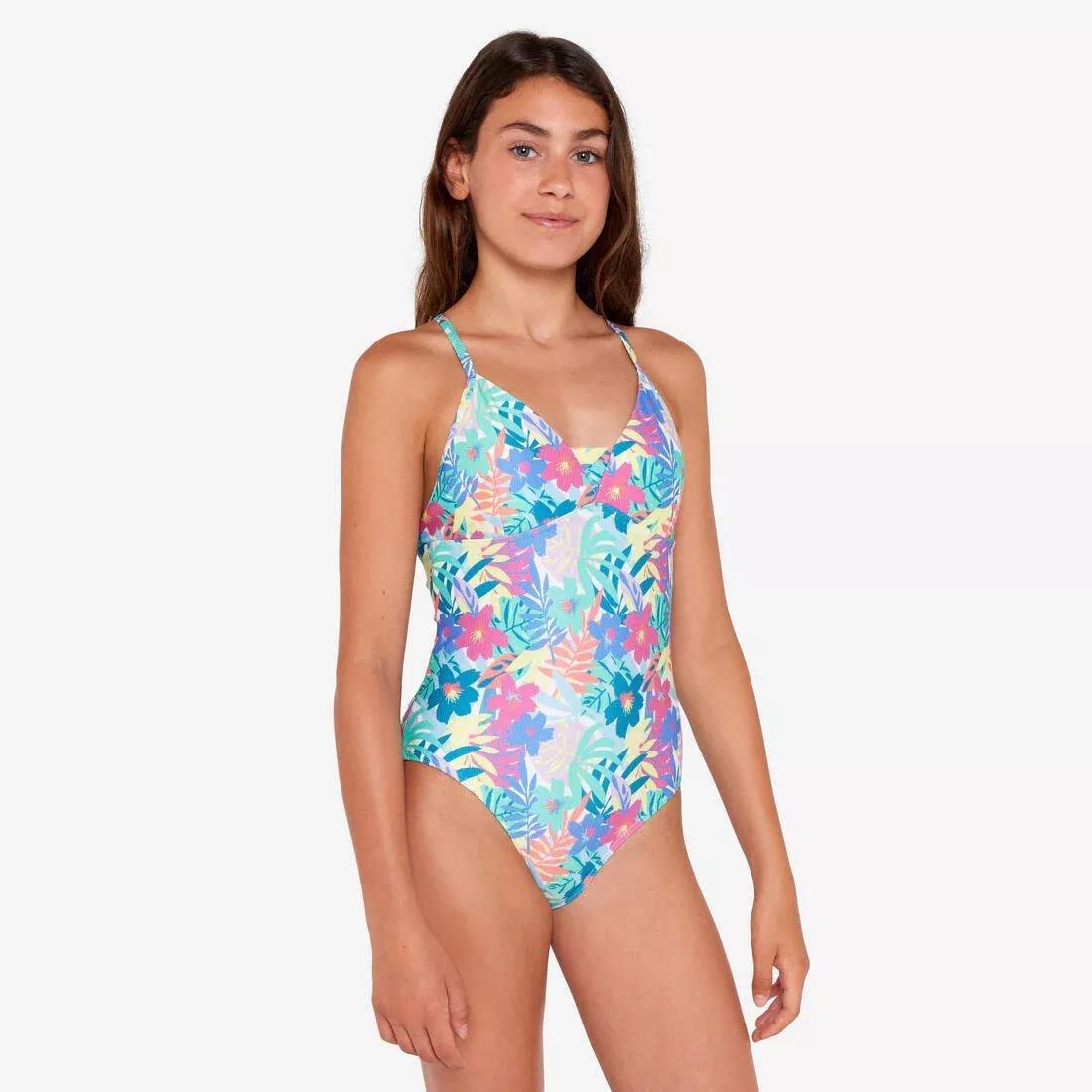 Kids Girls One-Piece Surf Swimsuit With Cross-Over Straps - 500 Caly, Turquoise, 5401_000, large image number 3