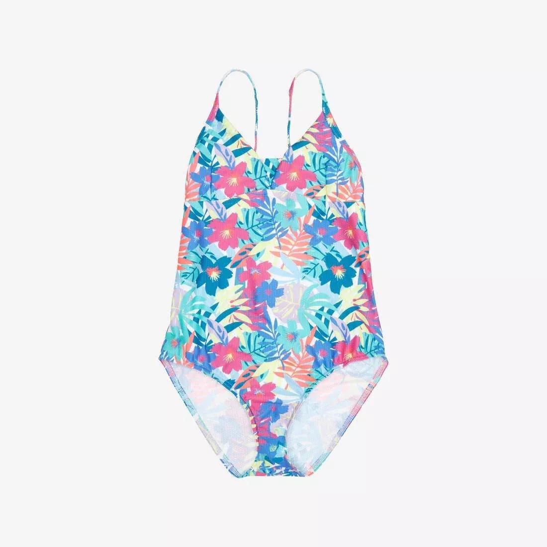 Kids Girls One-Piece Surf Swimsuit With Cross-Over Straps - 500 Caly, Turquoise, 5401_000, large image number 6
