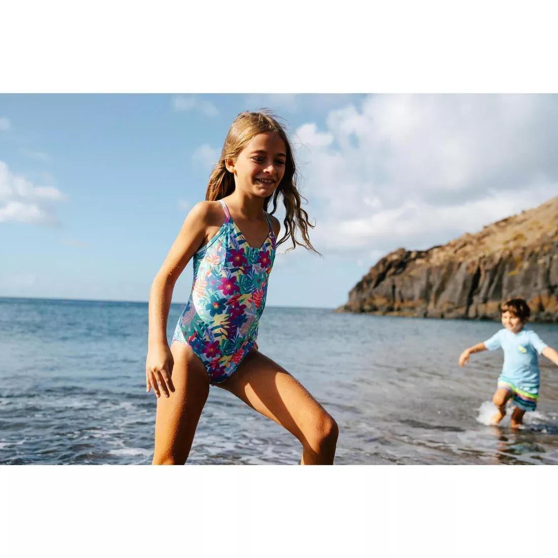 Kids Girls One-Piece Surf Swimsuit With Cross-Over Straps - 500 Caly, Turquoise, 5401_000, large image number 7