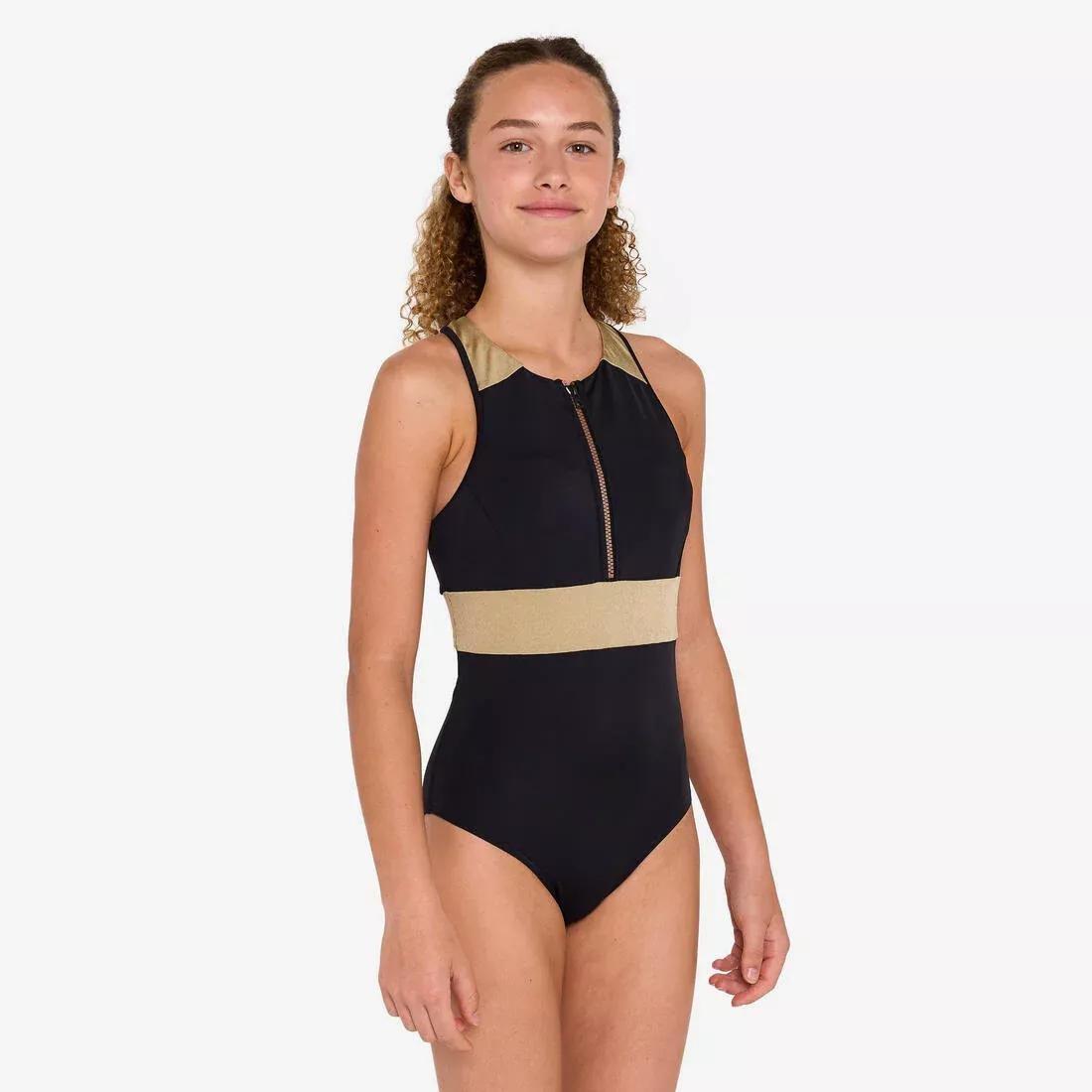 Kids Girls 1-Piece Surf Swimsuit Y-Back Front Zip - 900 Calysta Shiso, Black, 5401_000, medium