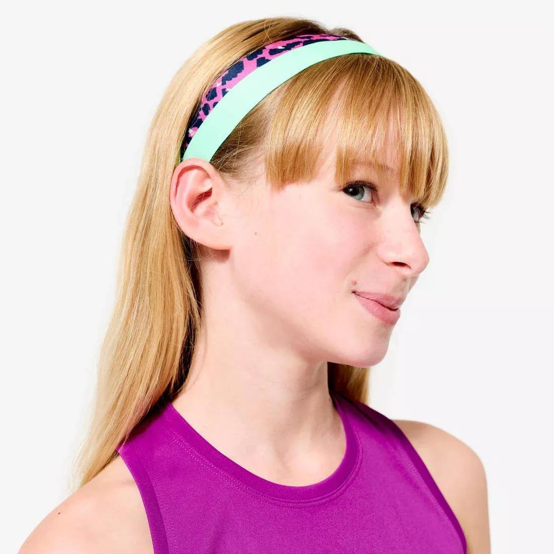 Kids Girls Multisport Thin Headbands Twin-Pack - Green/Purple Leopard Print, Pink, No Color, large image number 0