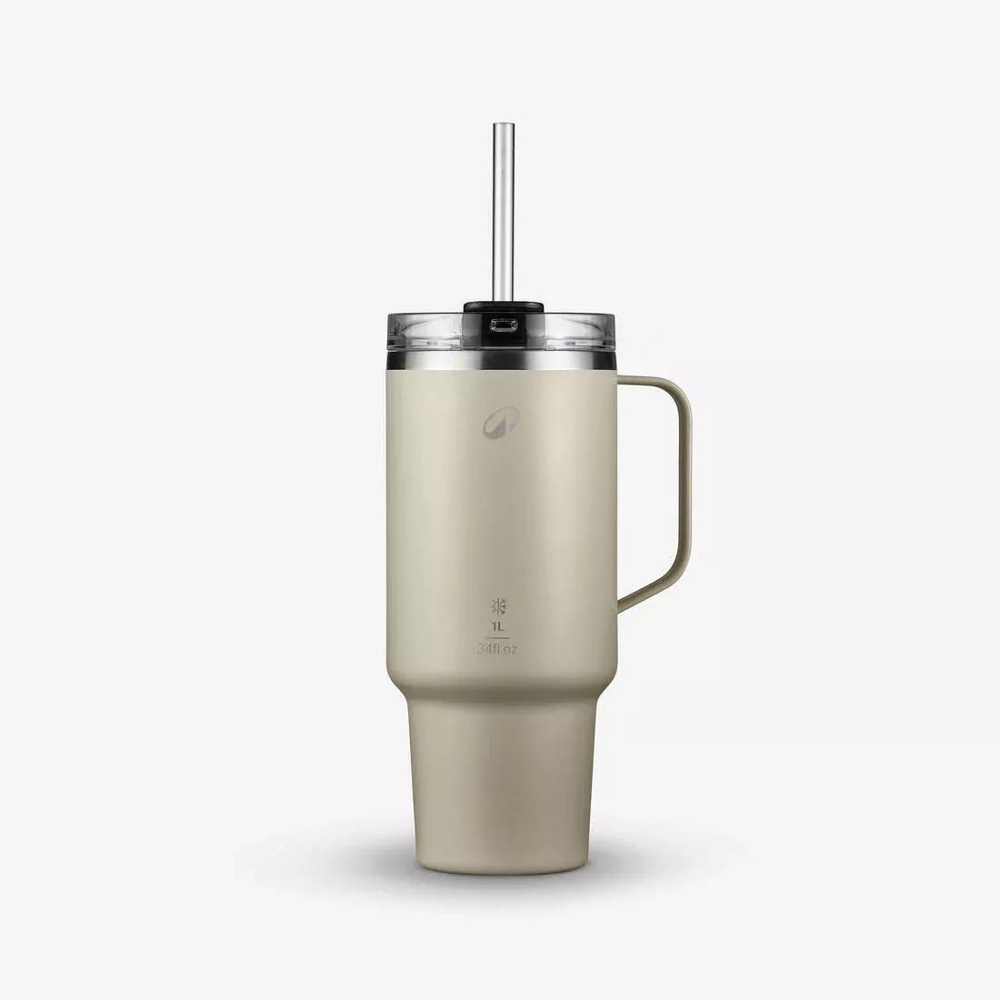 1 L insulated mug with straw in stainless steel - for hiking and camping, Beige, No Color, large image number 0