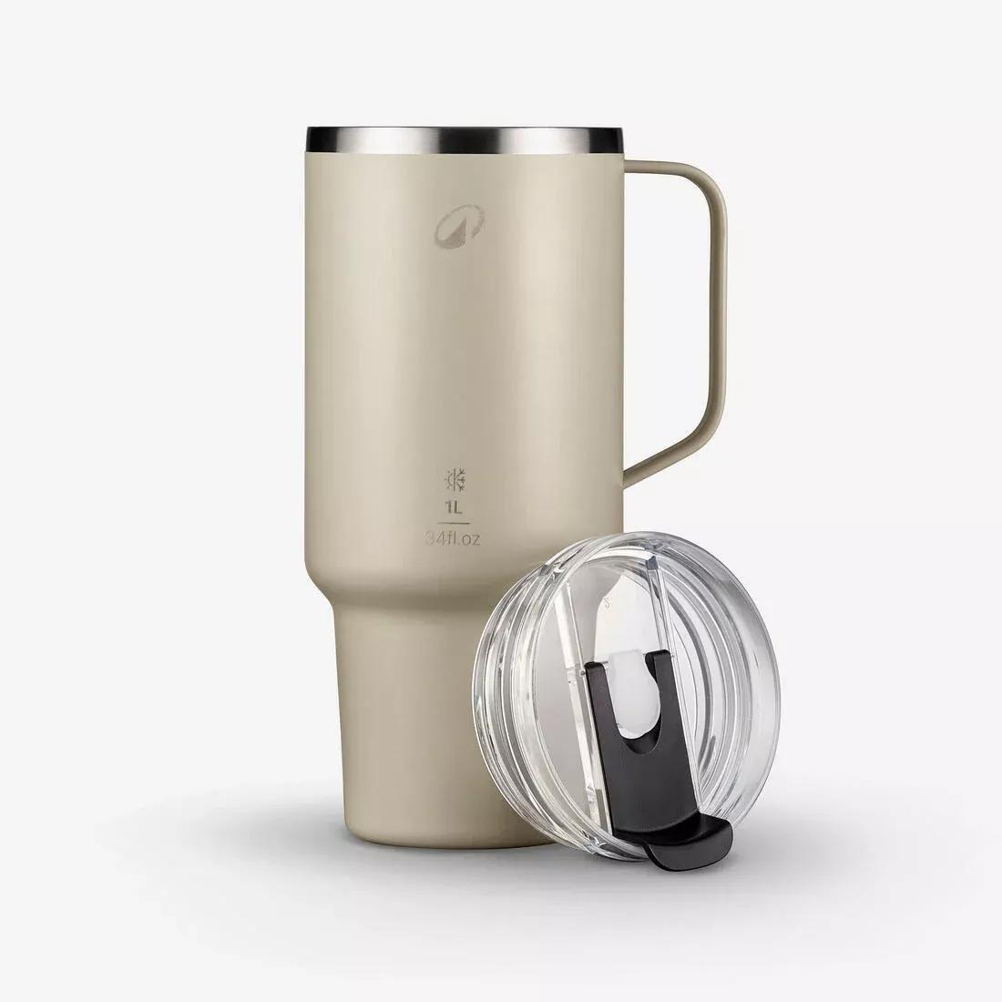 1 L insulated mug with straw in stainless steel - for hiking and camping, Beige, No Color, large image number 1