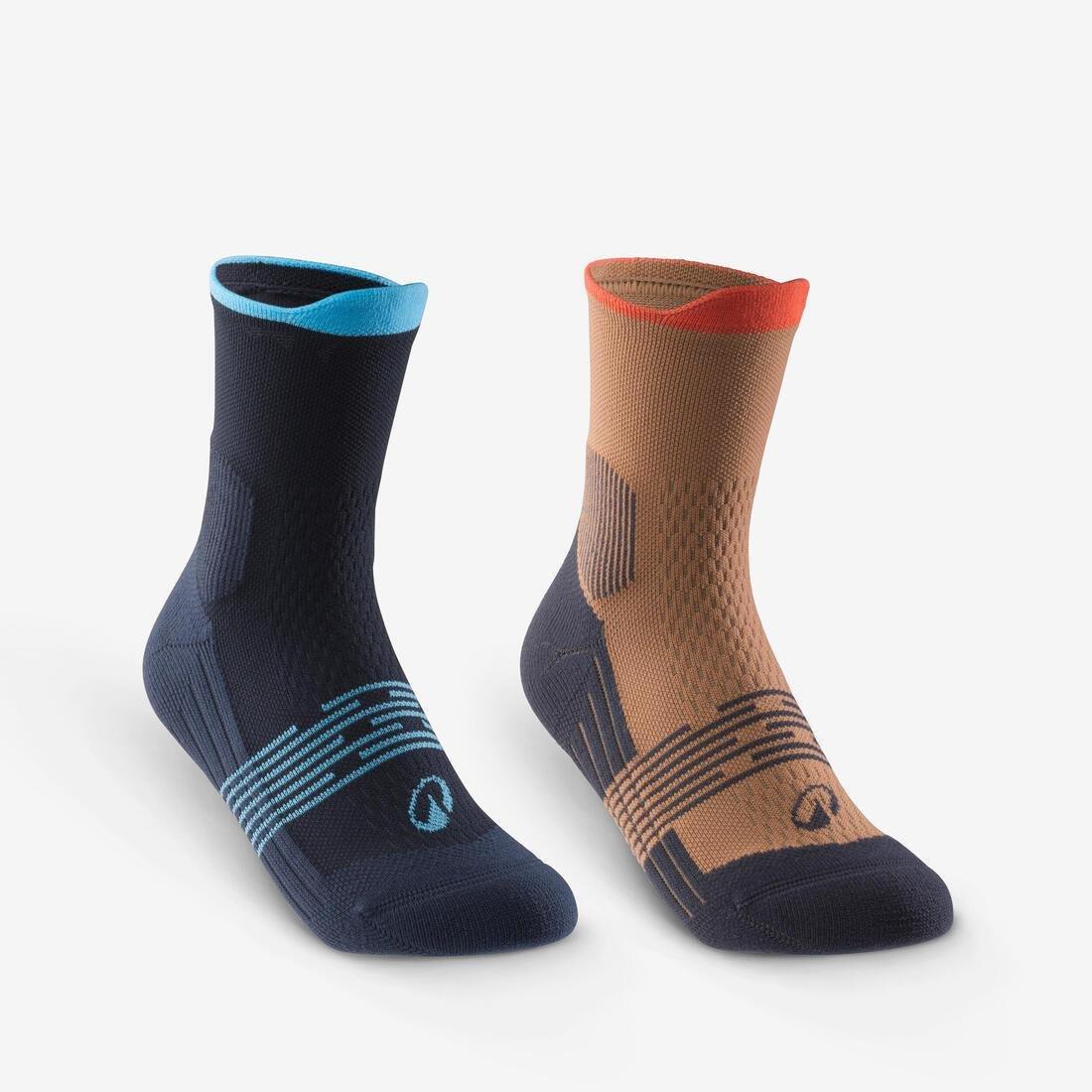 CAMEL BROWN Children's hiking socks (set of 2 pairs), HIKE500 Mid brown and blue, No Color, medium