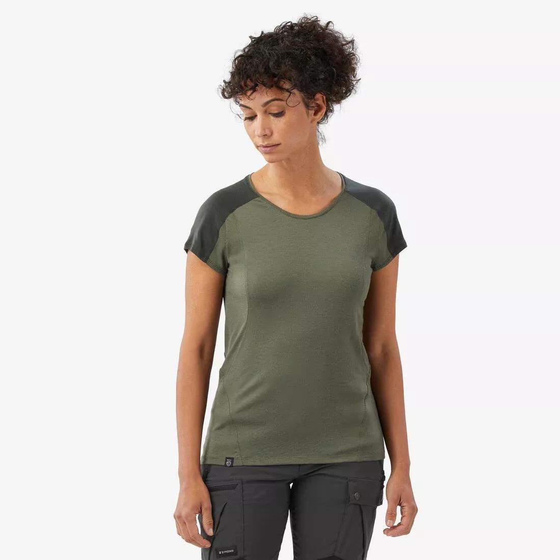 Women Merino Wool Short-Sleeved Trekking T-Shirt - MT500, Khaki, 5401_000, large image number 0