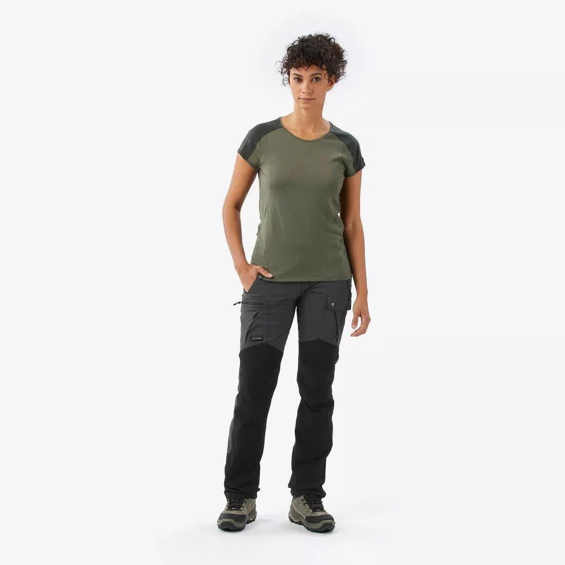 Women Merino Wool Short-Sleeved Trekking T-Shirt - MT500, Khaki, 5401_000, large image number 2