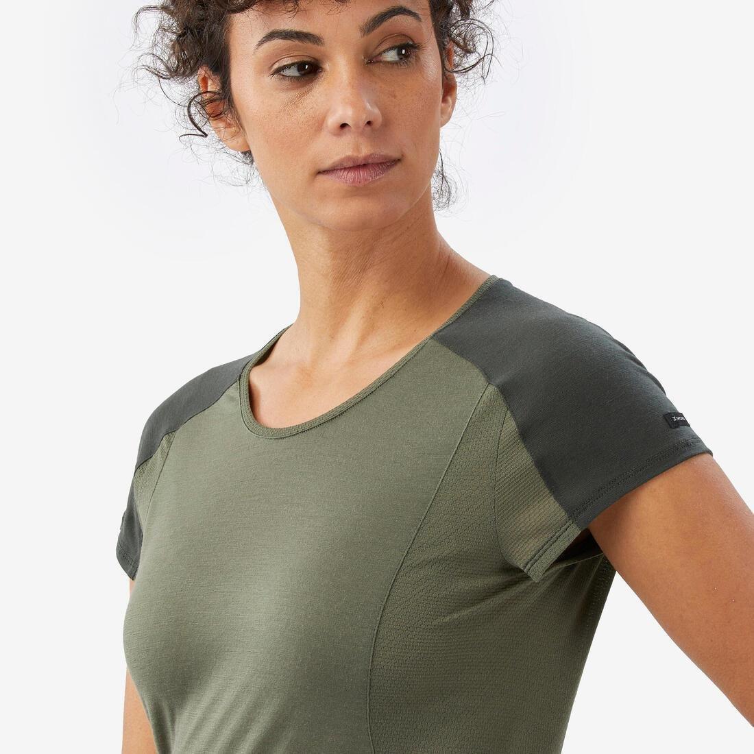 Women Merino Wool Short-Sleeved Trekking T-Shirt - MT500, Khaki, 5401_000, large image number 3