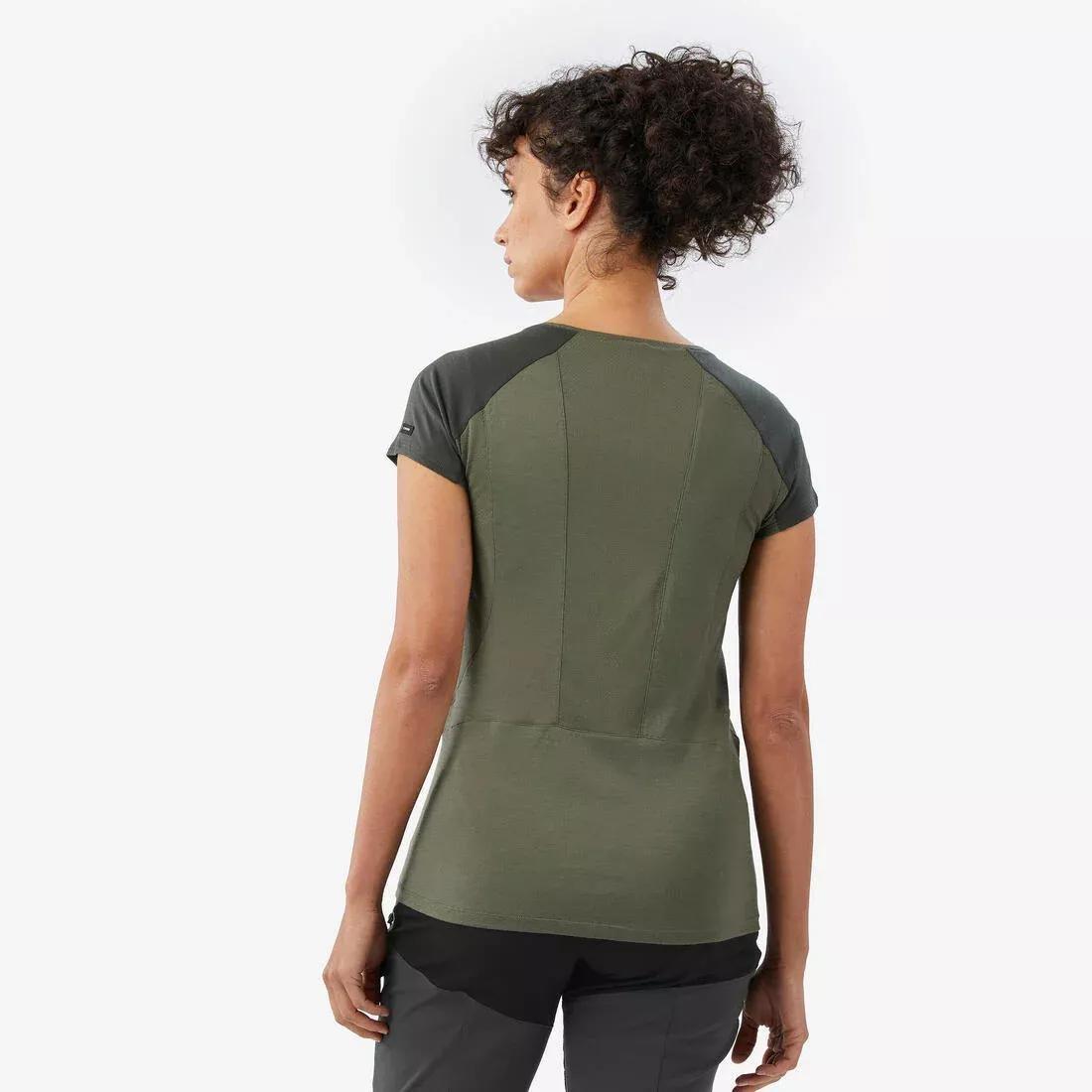 Women Merino Wool Short-Sleeved Trekking T-Shirt - MT500, Khaki, 5401_000, large image number 4