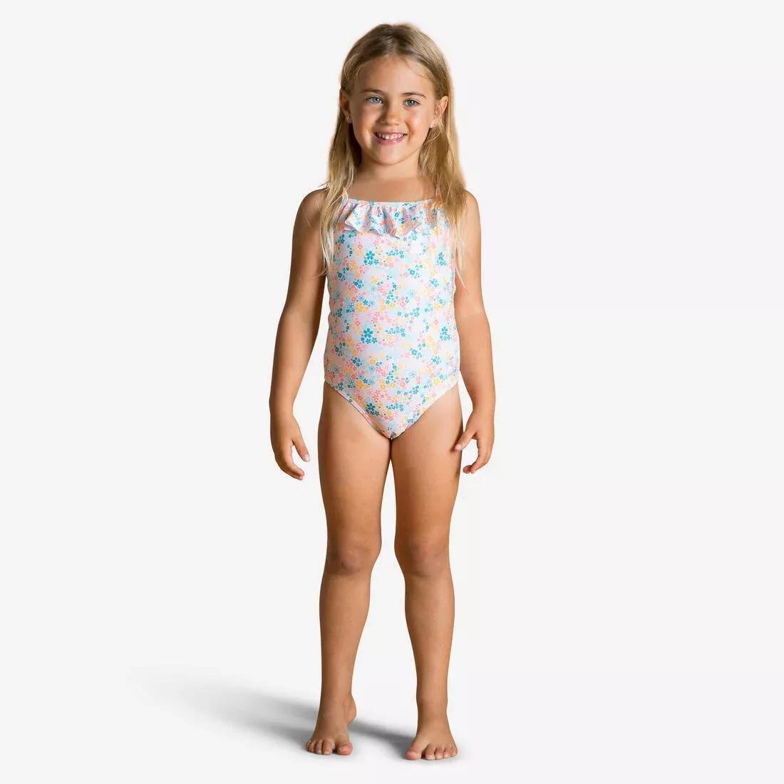 Kids Girls One-Piece Swimsuit Print With Ruffles, White, No Color, large image number 0