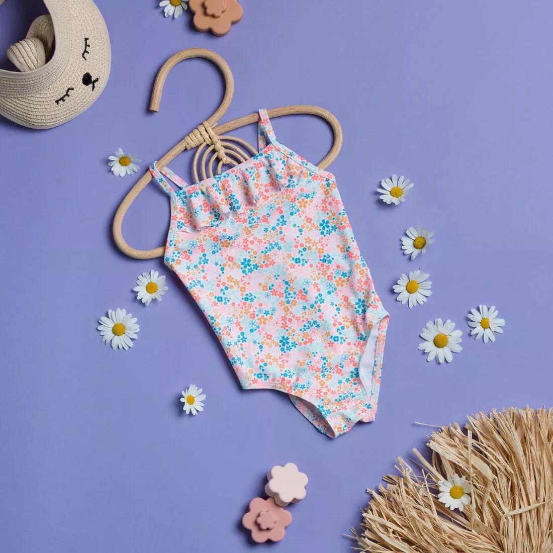 Kids Girls One-Piece Swimsuit Print With Ruffles, White, No Color, large image number 3