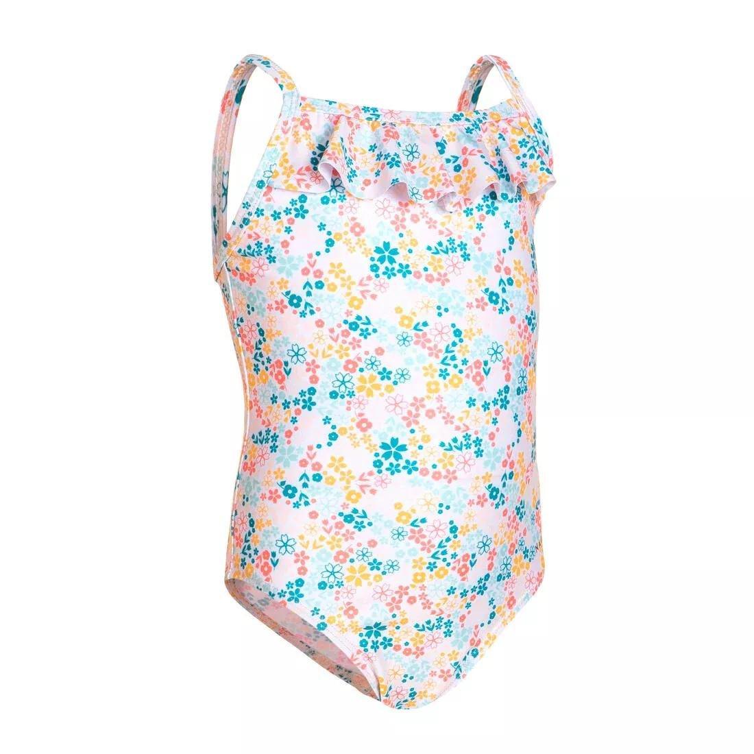 Kids Girls One-Piece Swimsuit Print With Ruffles, White, No Color, large image number 4