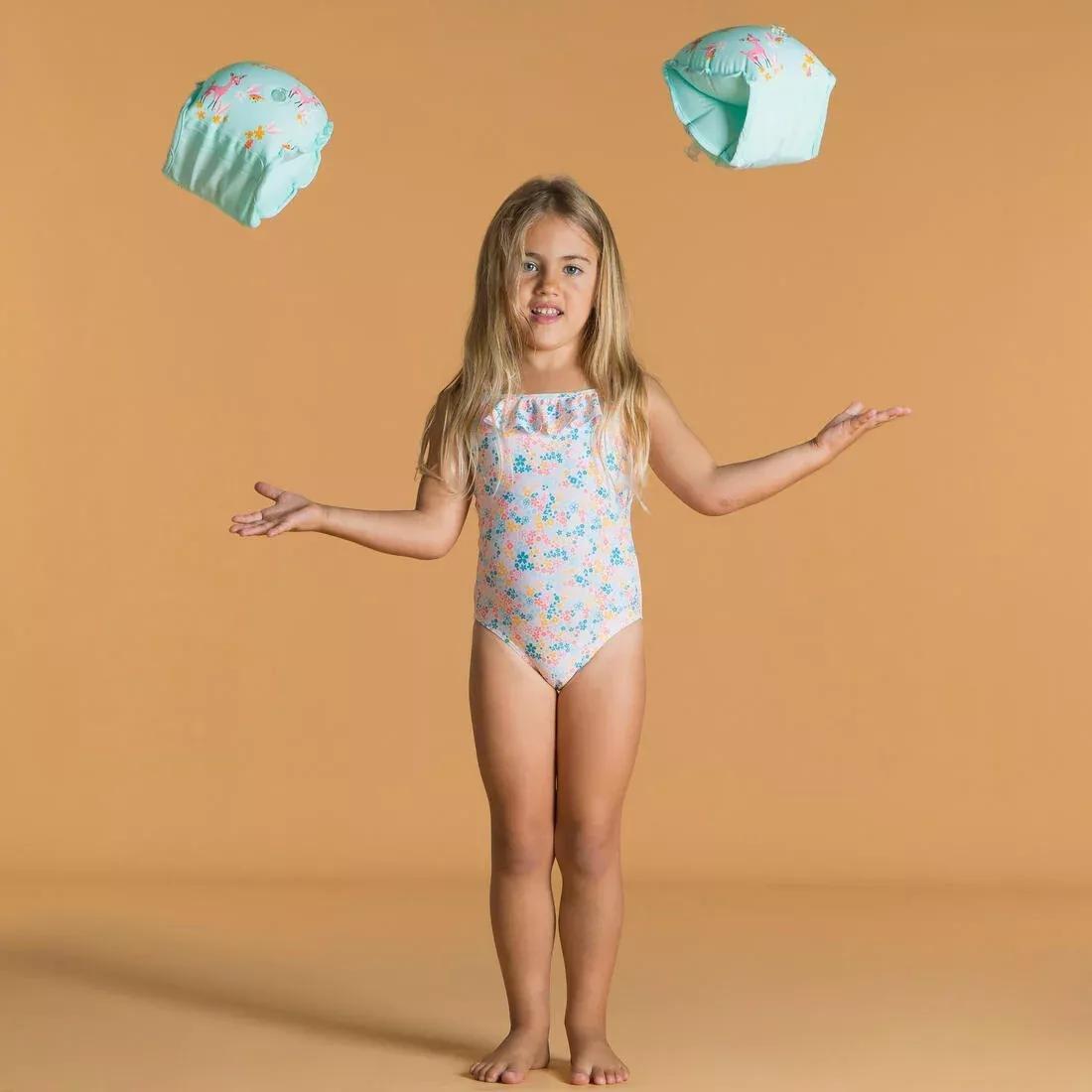 Kids Girls One-Piece Swimsuit Print With Ruffles, White, No Color, large image number 5