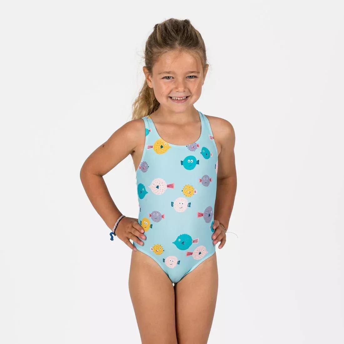 Kids Girls 1-Piece Swimsuit Animal Print, Teal, No Color, large image number 1