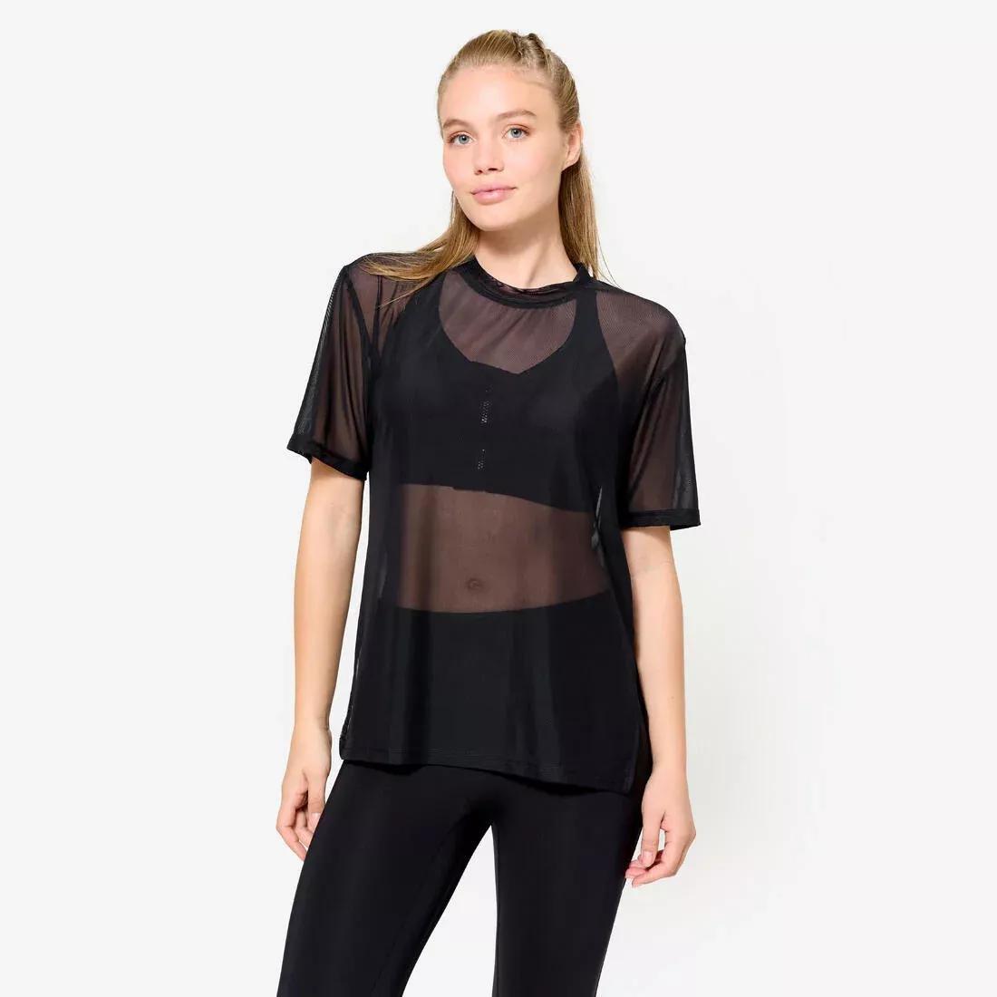Women Loose-Fit Fitness Mesh T-Shirt, Black, 5401_000, large image number 1