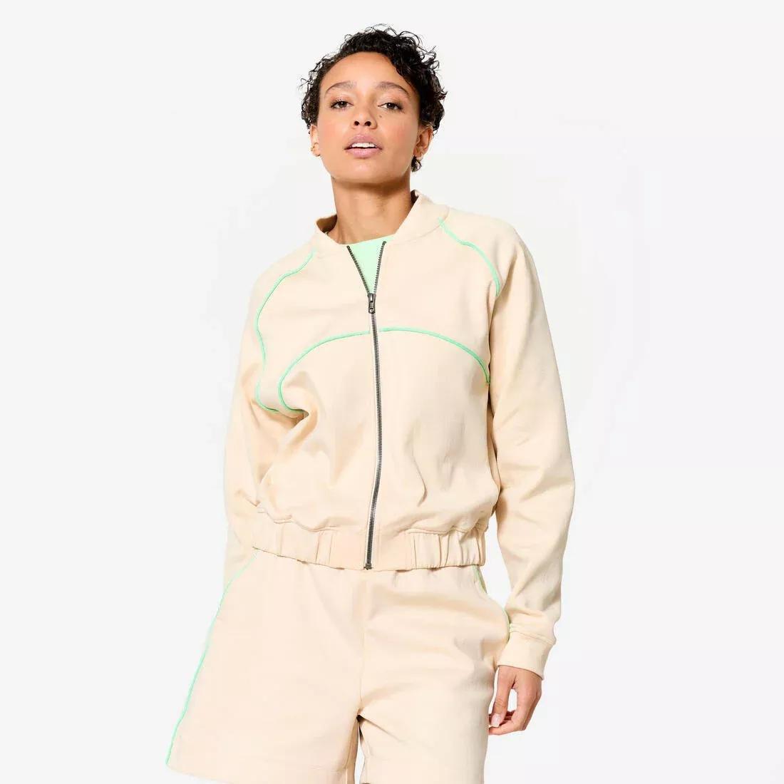 Women Zipped Bomber Jacket With Piping, Beige, No Color, medium
