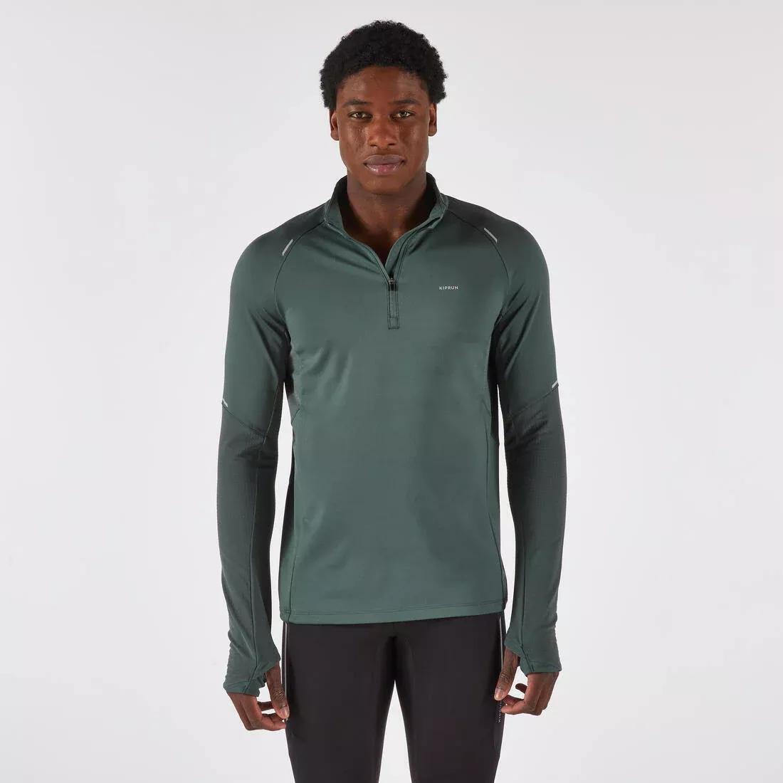 Kiprun Run 500 Warm Men's Long-Sleeved Zipped T-Shirt, Green, No Color, medium