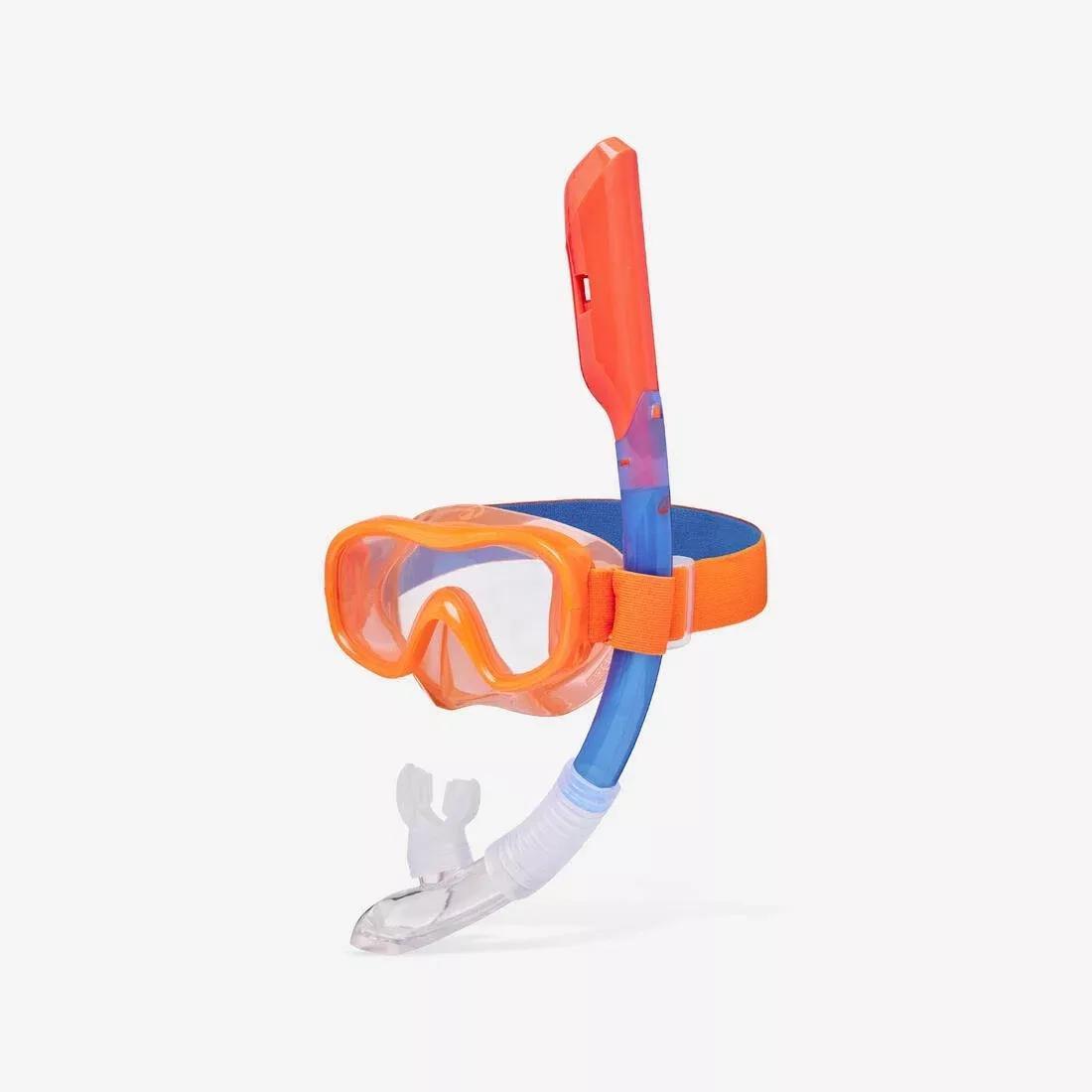 Kids Unisex Snorkelling Comfort Anti-Fog Mask Dry Top Snorkel Set - 100, Orange, No Color, medium