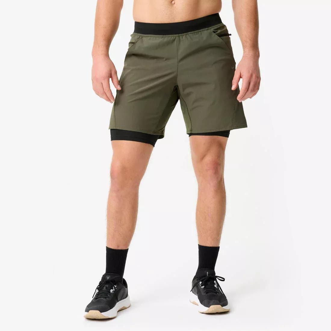 Men Fitness Zip Pocket Breathable 2-in-1 Shorts, Khaki, No Color, large image number 0