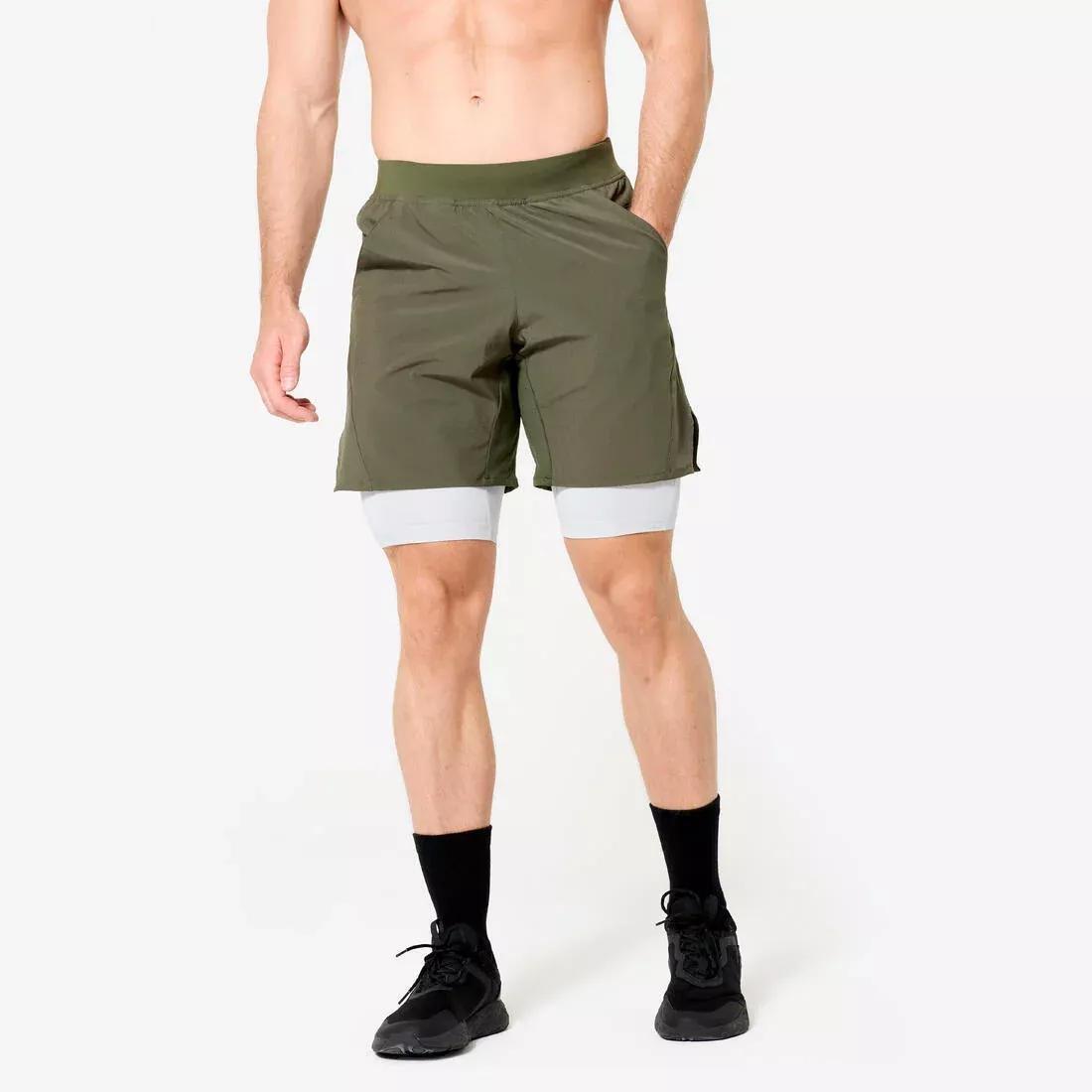 Men Fitness Zip Pocket Breathable 2-in-1 Shorts, Khaki, No Color, large image number 1