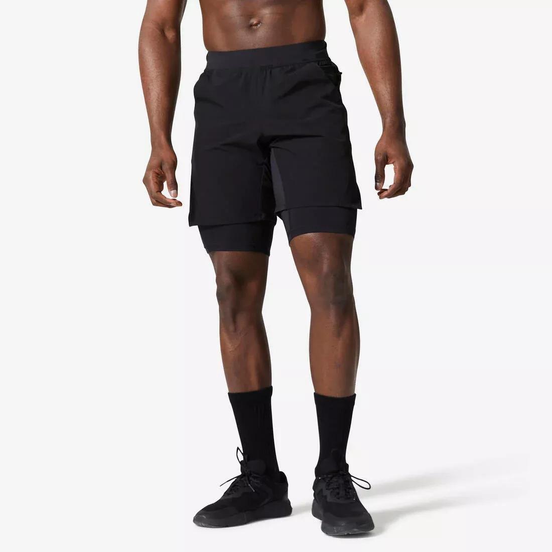 Men Fitness Zip Pocket Breathable 2-in-1 Shorts, Khaki, No Color, large image number 2