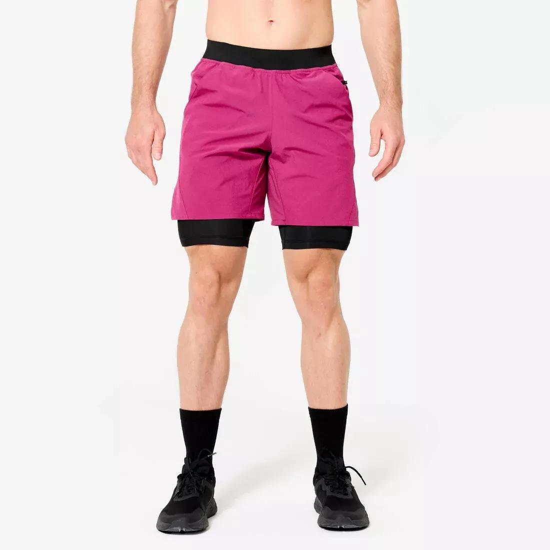 Men Fitness Zip Pocket Breathable 2-in-1 Shorts, Khaki, No Color, large image number 3