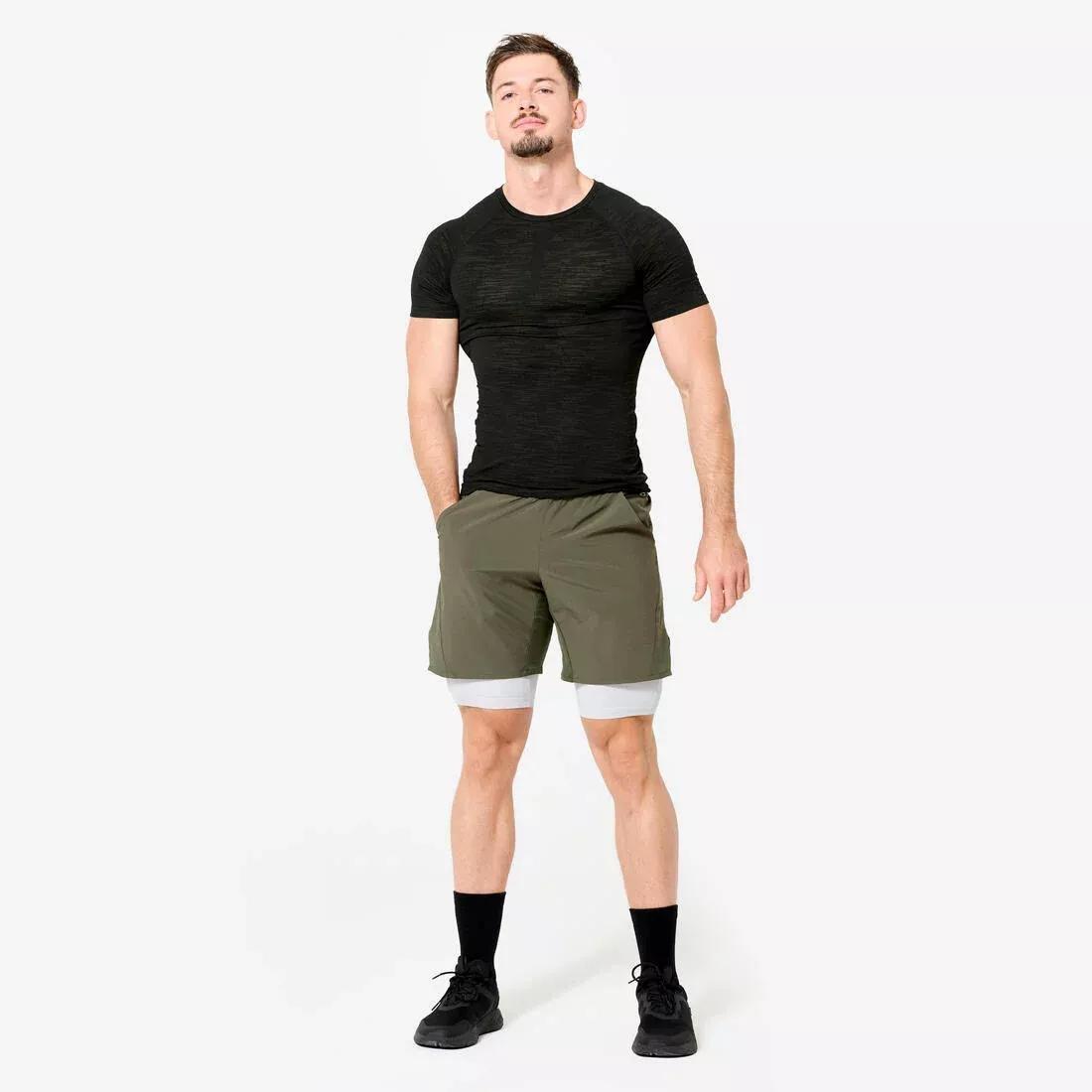 Men Fitness Zip Pocket Breathable 2-in-1 Shorts, Khaki, No Color, large image number 6