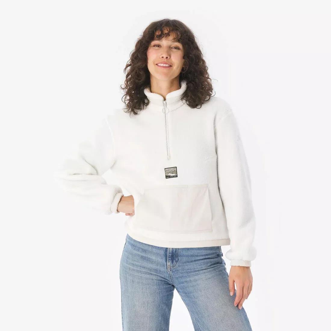 Women Sherpa Mountain Hiking Fleece - MH100 1/2 Zip, White, No Color, medium