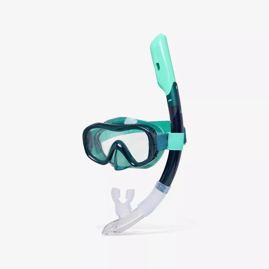 Adults Snorkelling Comfort Anti-Fog Mask Dry Top Snorkel Set - 100, Green, No Color, medium