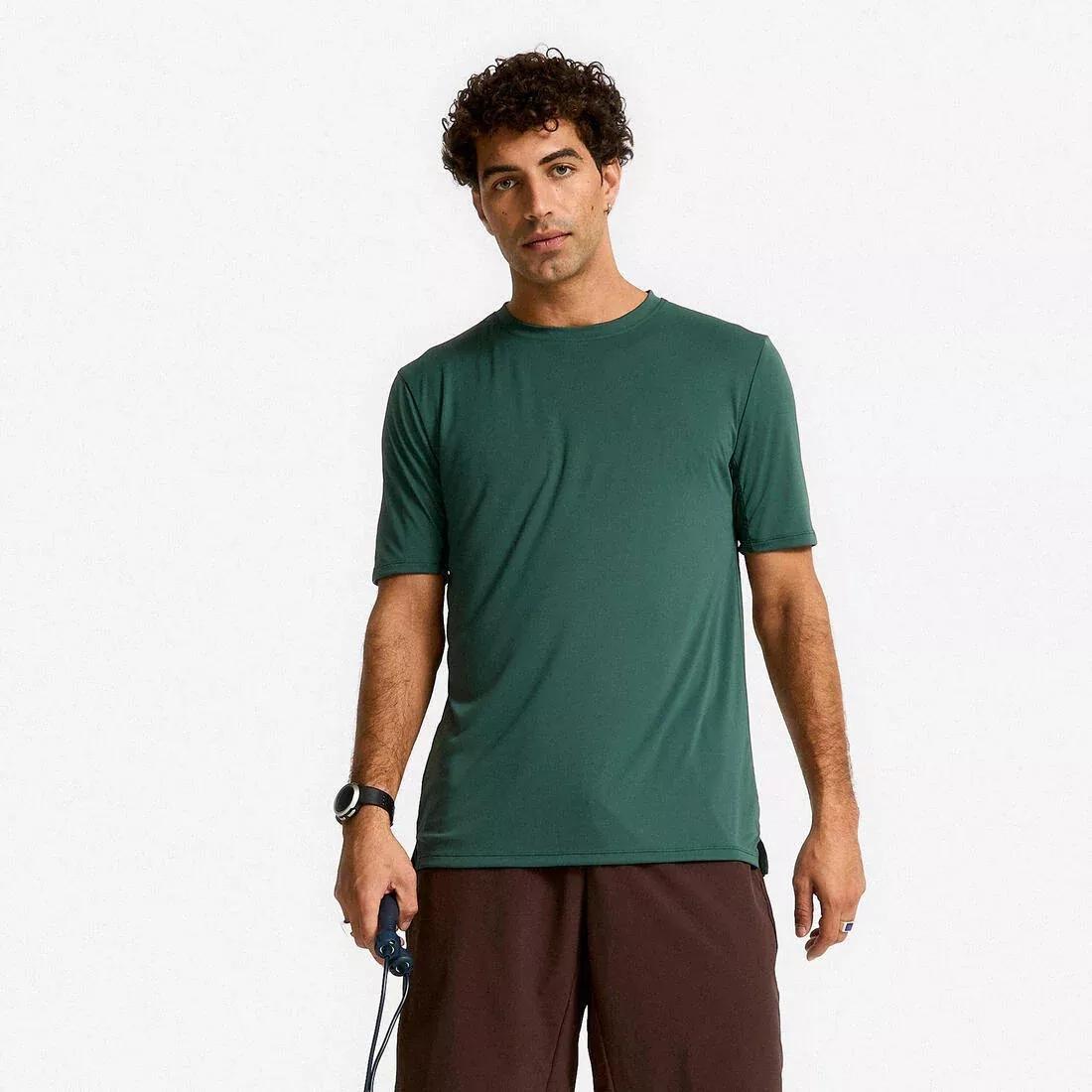 Men Short-Sleeved Crew Neck Breathable Fitness T-Shirt, Green, No Color, large image number 0