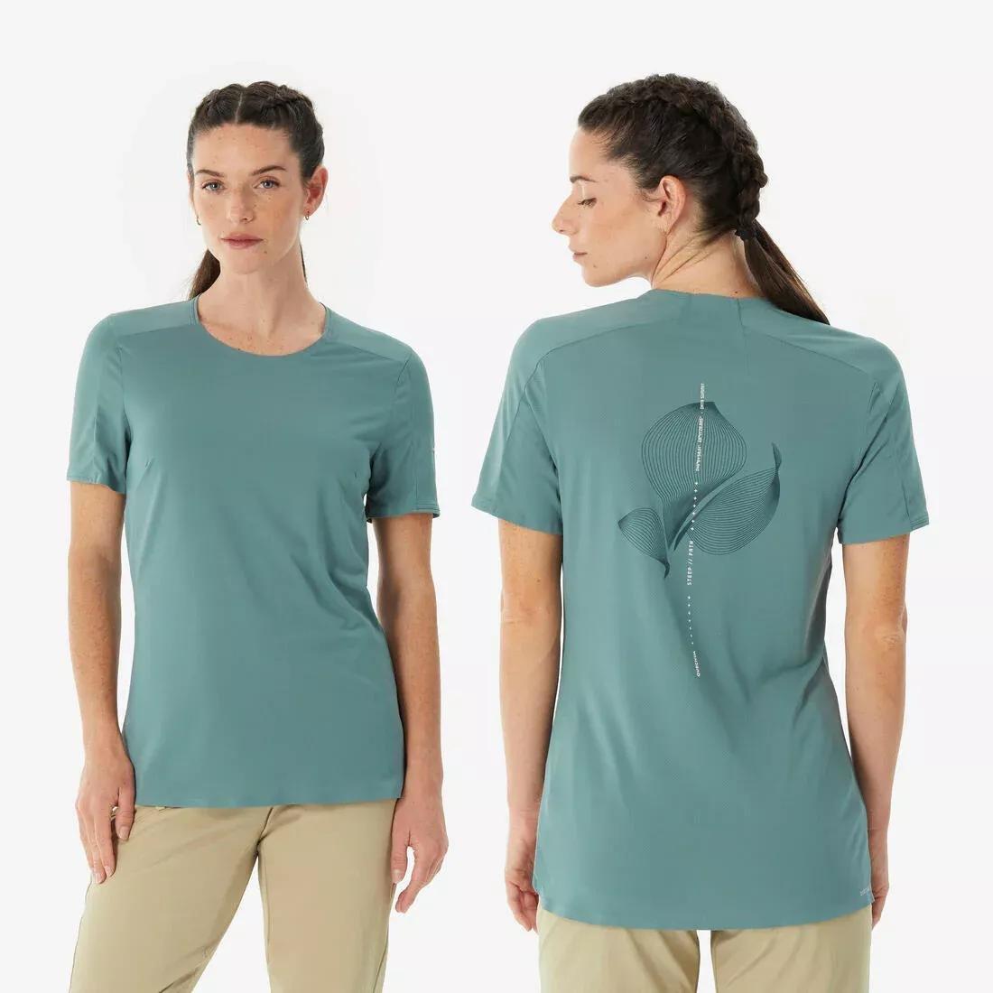 Women short-sleeved hiking T-shirt - MH500, Khaki, No Color, medium
