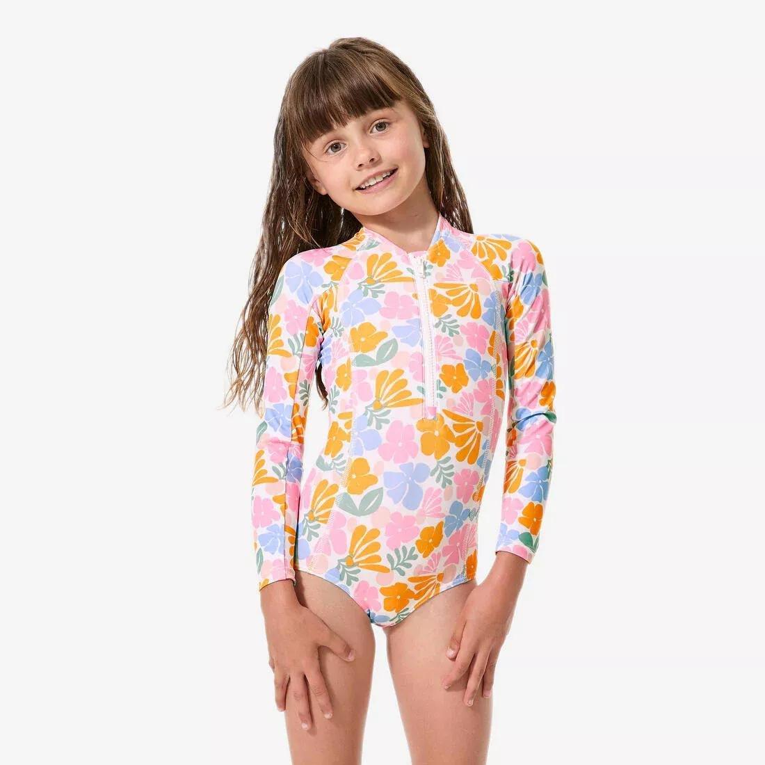 Kids Girls surfing long sleeve UV - protection 1 - piece swimsuit, White, No Color, large image number 0