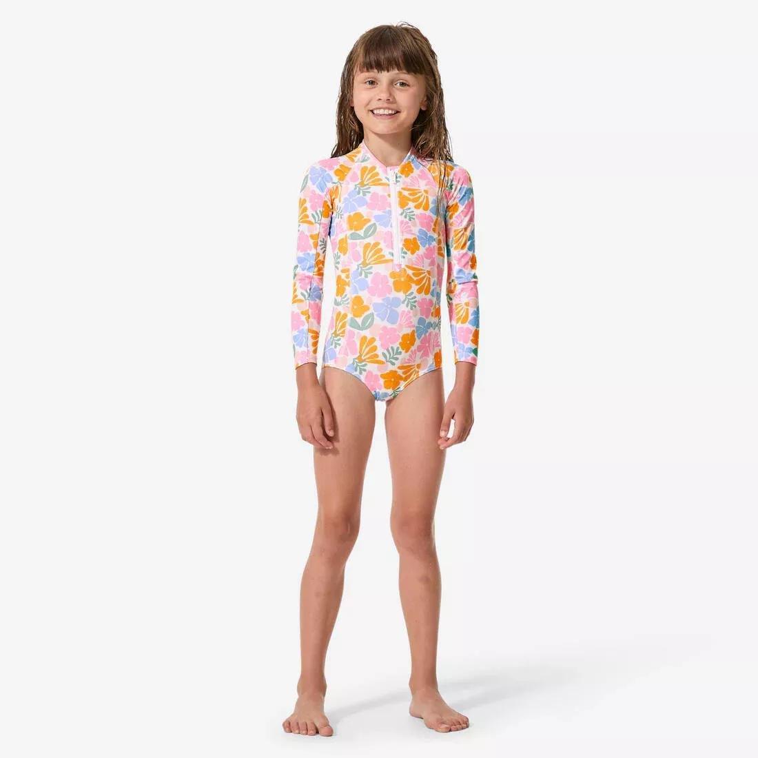 Kids Girls surfing long sleeve UV - protection 1 - piece swimsuit, White, No Color, large image number 2