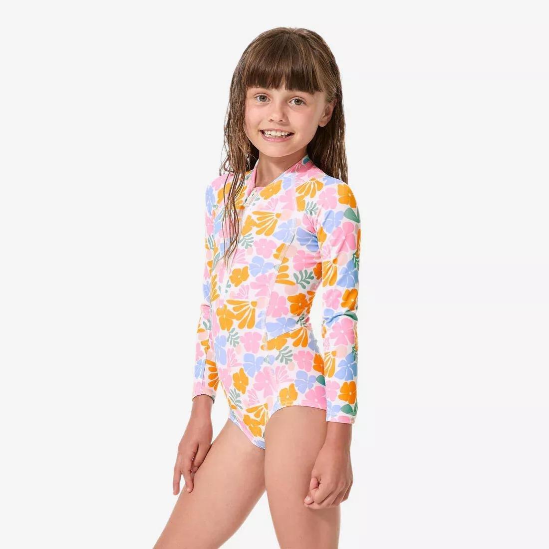 Kids Girls surfing long sleeve UV - protection 1 - piece swimsuit, White, No Color, large image number 4