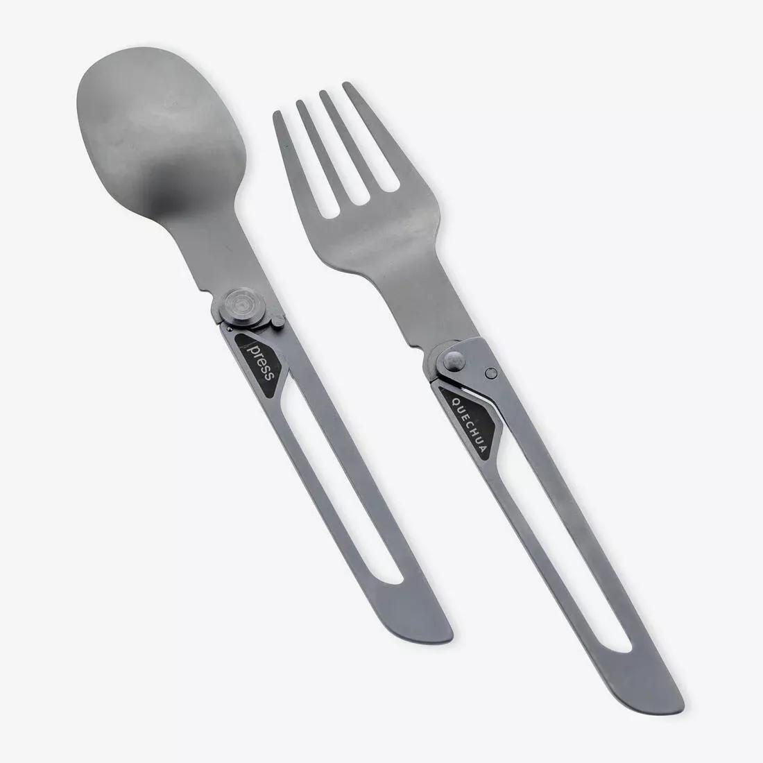 Pack of 2 Folding Cutlery Sets 900 - Fork + Spoon - Stainless Steel for Camping, Green, No Color, large image number 0