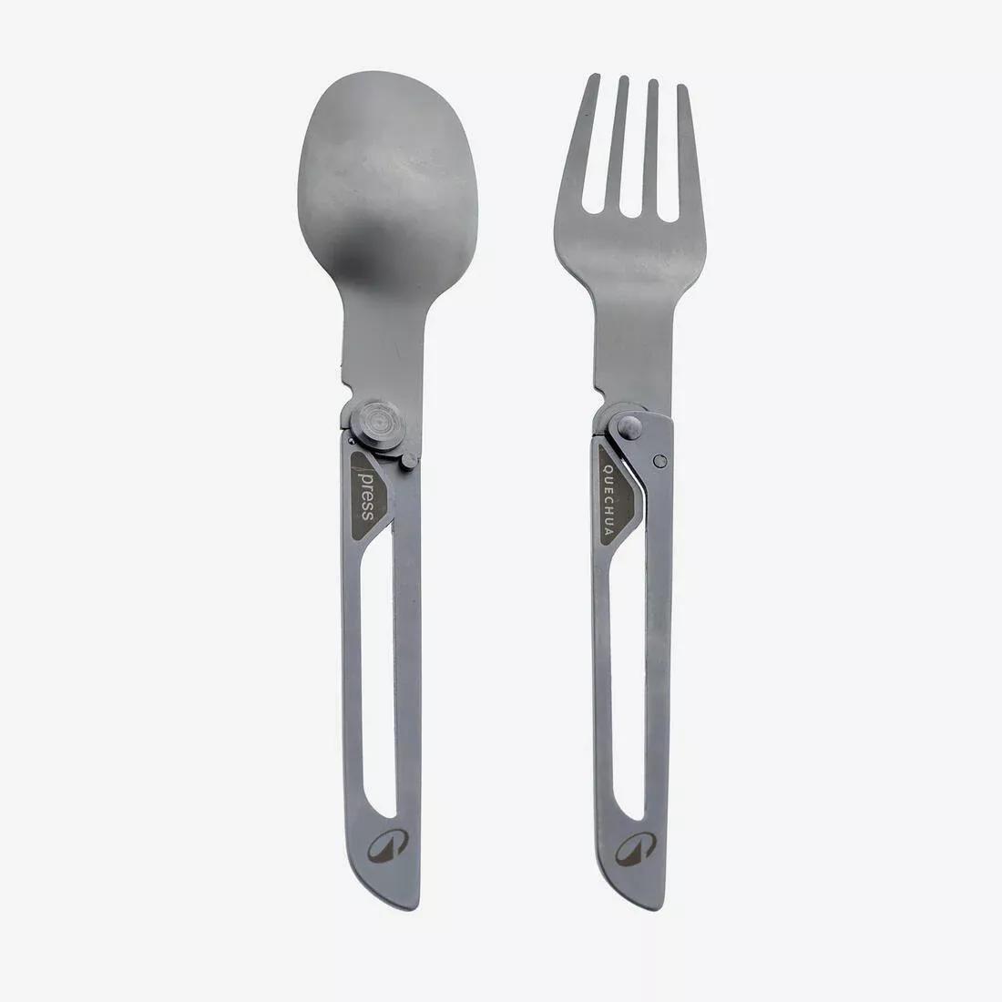 Pack of 2 Folding Cutlery Sets 900 - Fork + Spoon - Stainless Steel for Camping, Green, No Color, large image number 1