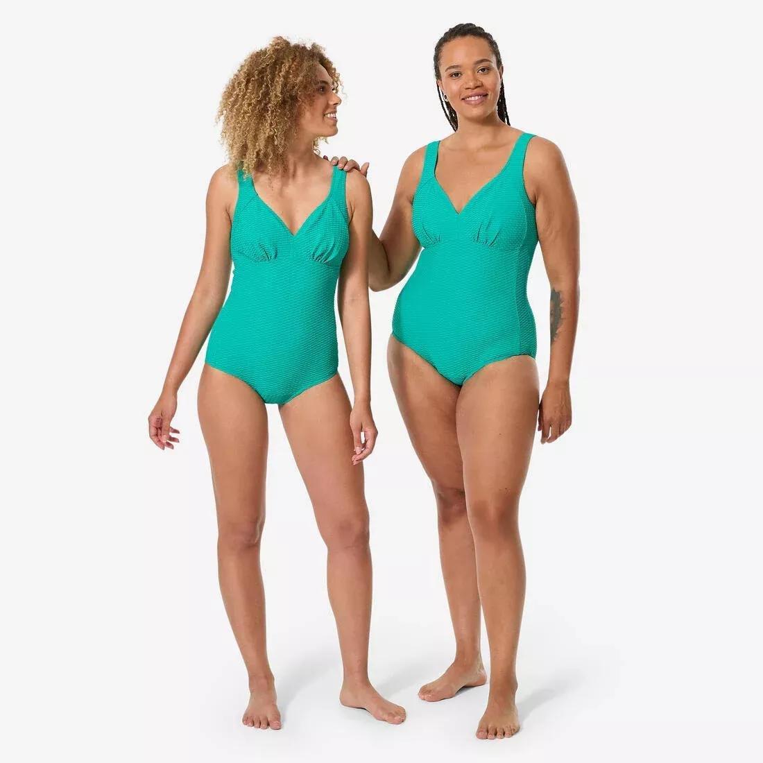 Women 1-Piece Waffle Swimsuit, Rosy, Green, No Color, medium