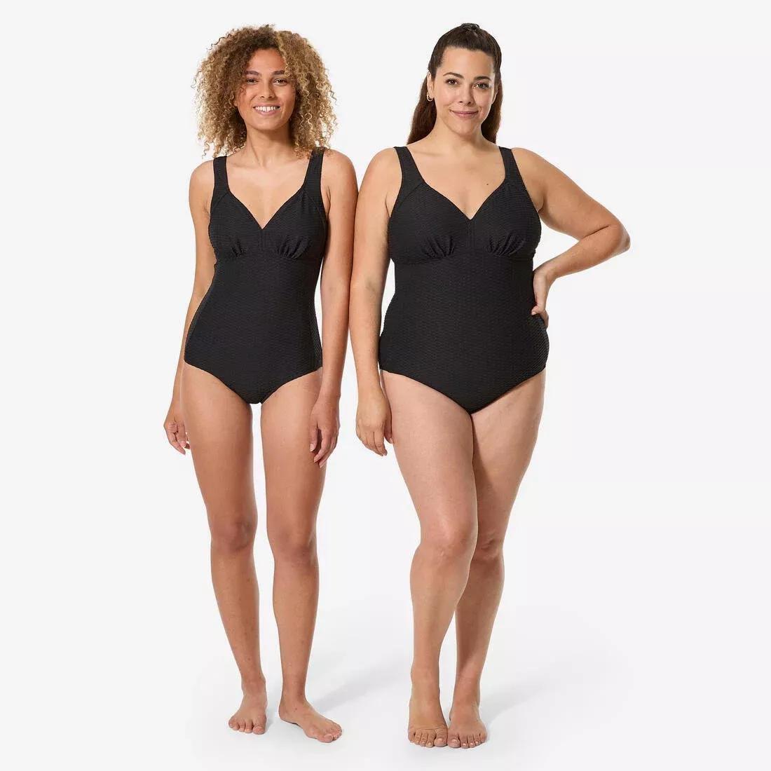Women 1-Piece Waffle Swimsuit, Black, No Color, medium