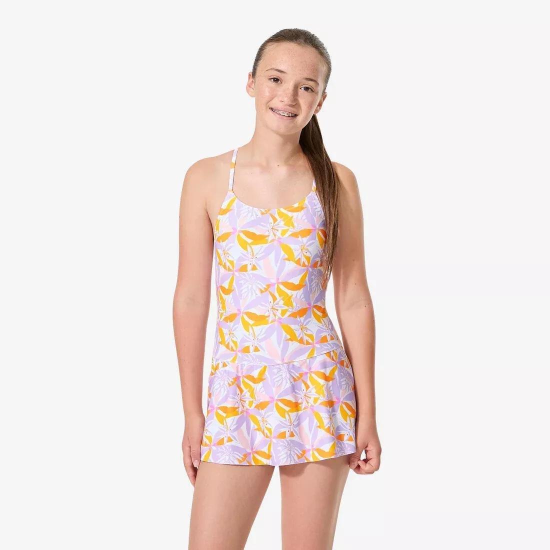 Kids Girls 1-Piece Swimsuit With Skirt, Purple, No Color, medium