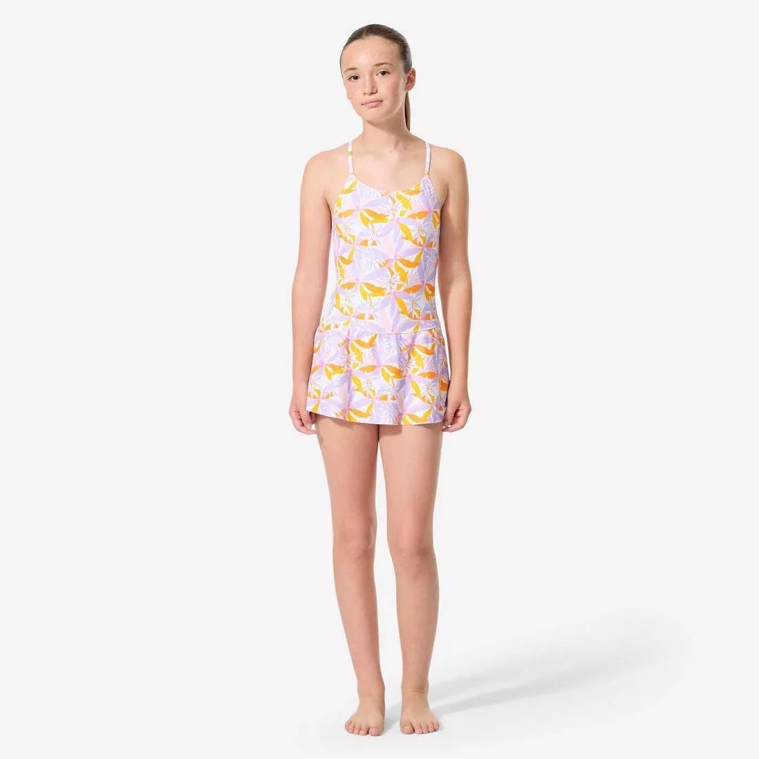 Kids Girls 1-Piece Swimsuit With Skirt, Purple, No Color, large image number 5