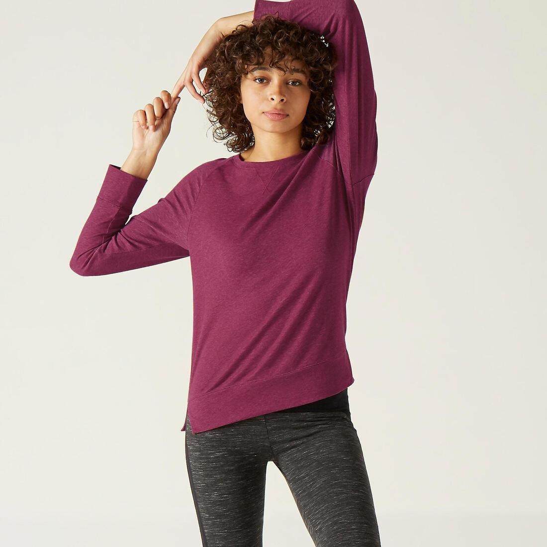 Stretchy Long-Sleeved Cotton Fitness T-Shirt, Purple, , large image number 1