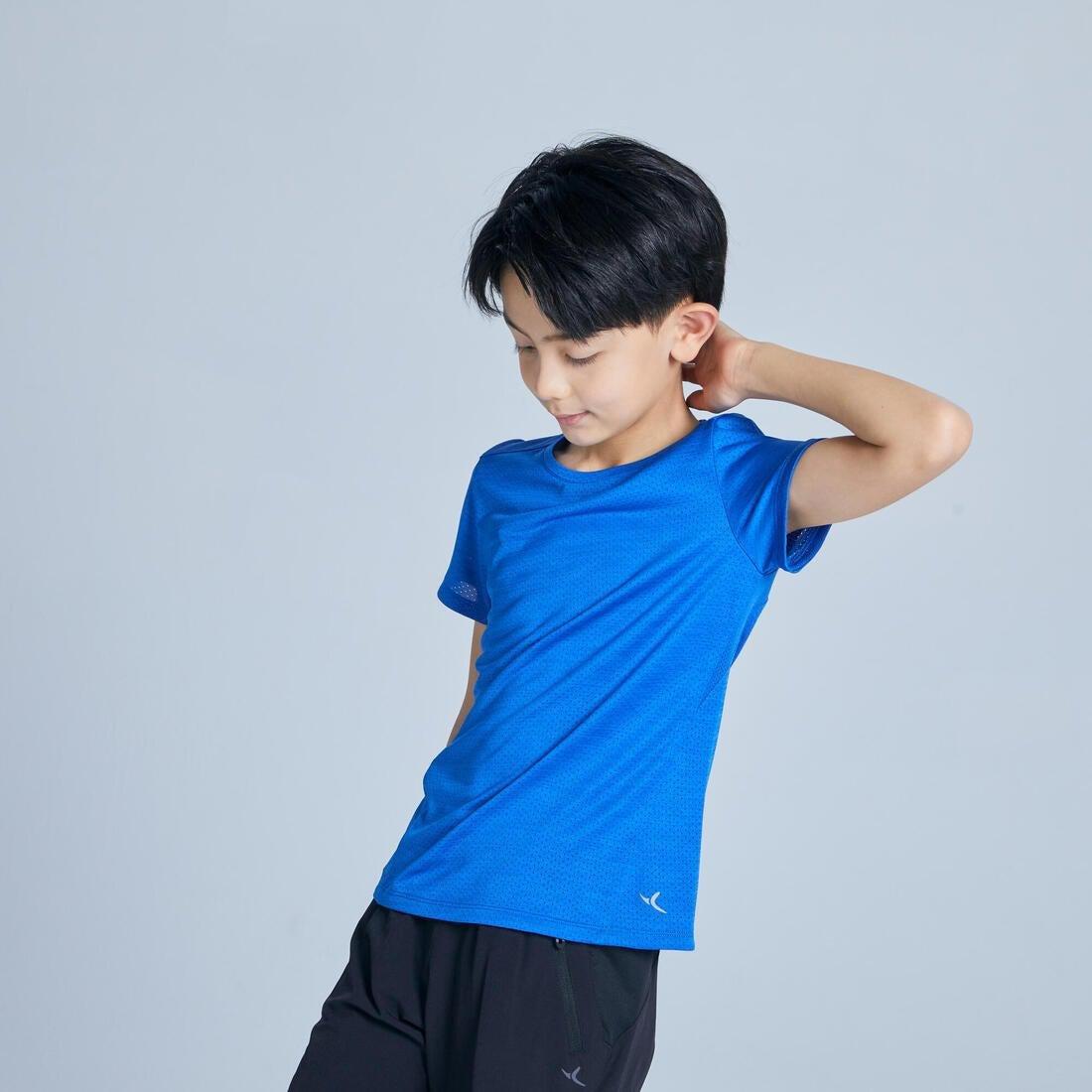 DOMYOS - Kids Boys Breathable Synthetic Short-Sleeved Gym T-Shirt - S500, Blue